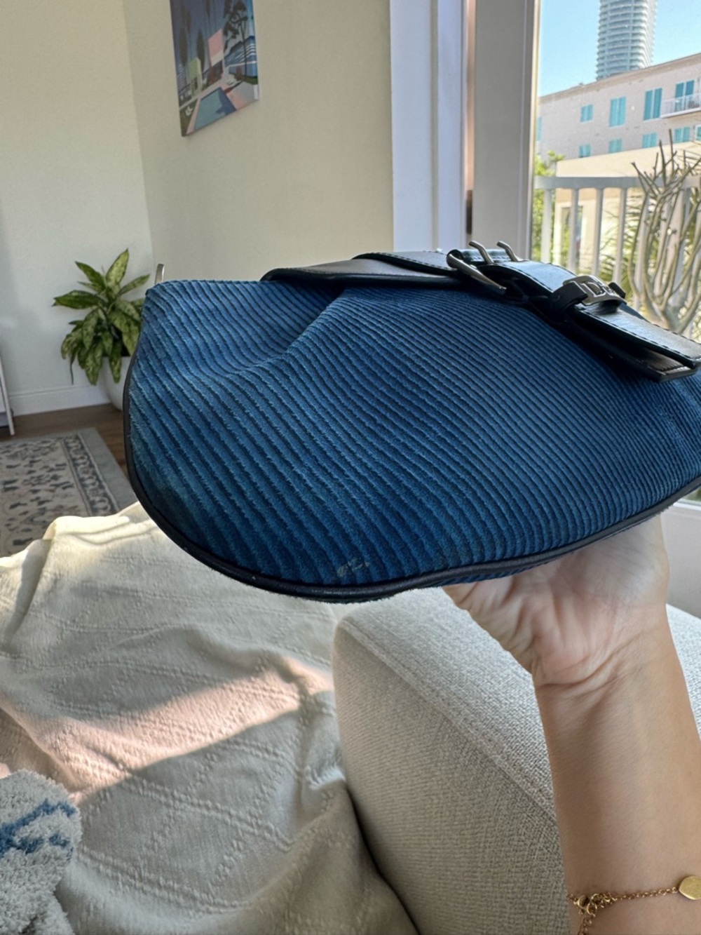 Dior Vintage Blue Corduroy Saddle Shoulder Bag 2005 Rare w/COA - Picture 5 of 16